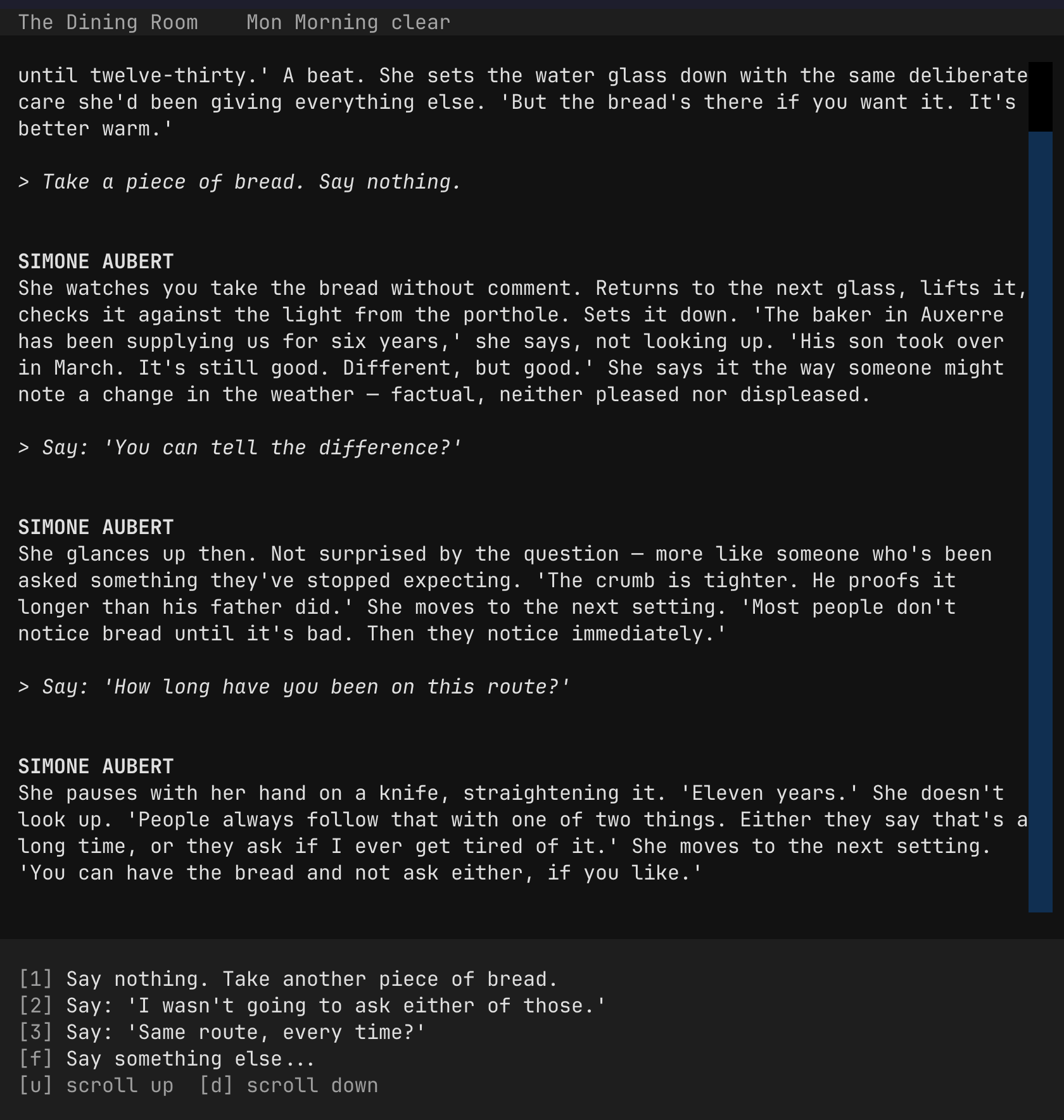 Smalltalk gameplay — a freeform conversation with Simone Aubert in The Dining Room